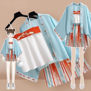 קיץ נשים רזות קלע+סוודר+חצאית שלוש להגדיר Hanfu הסגנון הסיני האן אלמנט שמלת הדפסה מסורתית קימונו קצר חליפת חצאית