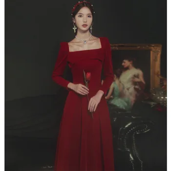 Yourqipao לחיים Cheongsams חדש 2023 מזג יין אדום שמלת ערב נשים שמלות קטיפה ארוכה שמלה סינית