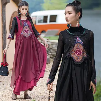 2023 סינית מסורתית שמלת וינטג לאומי ללא שרוולים שיפון שמלת פרח רקמה שמלת קיץ אלגנטי פולק שמלת ריקוד