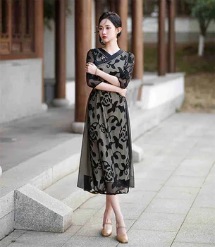 2023 הקיץ משופרת V-צוואר Aodai Cheongsam סאטן סלים צ ' יפאו אופנה אירועים בסגנון סיני שמלת ערב