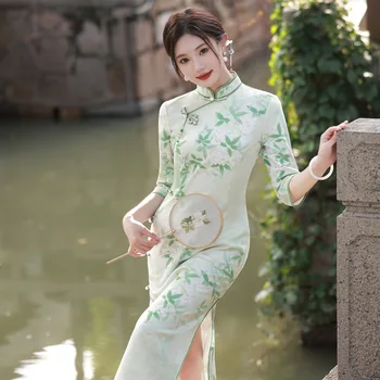 2023 ירוק סתיו בציר זמש Cheongsam נשים בתוספת גודל שמלה ארוכה החתונה מסיבת תחפושות סלים צ ' יפאו S כדי 3XL