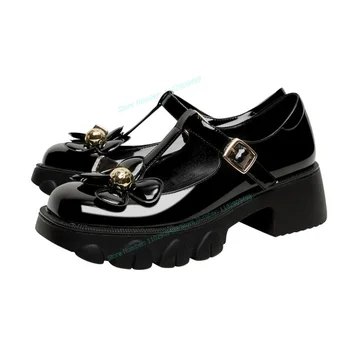 שחור מעור T-רצועה משאבות פרח עיצוב בוהן עגול נעלי נשים פלטפורמה מרי ג ' יין נעליים 2023 פאטוס פארא Mujere