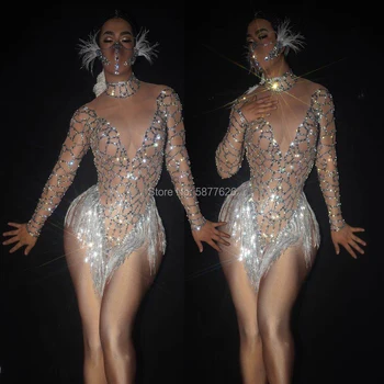 כסף אבני חן עירום בגד גוף נוצץ זוהר jumsuit נשים סקסיות נערת מסיבות הבמה ריקוד תלבושת