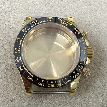 39MM פלדה מקרה PVD עלה זהב מקרה ספיר זכוכית שעון אביזרים שחור לוח עבור VK63 קוורץ תנועה