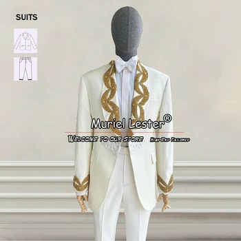 מותאם בגודל/צבע החתן לובש חליפות חתונה זהב בעבודת יד חרוזים דש בלייזר עסקים במשרד שנהב 2 חתיכות מסיבת טוקסידו 2024