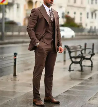 2023 בציר חום חליפות לגברים החתונה עסקים רשמית טוקסידו שיא דש מותאם אישית 3 יח ' קט+מכנסיים+אפוד תחפושת Homme
