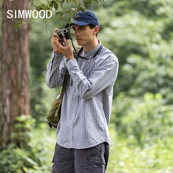 SIMWOOD 2022 סתיו חדש פסים אנכיים אוקספורד חולצות גברים מזדמנים 100% כותנה רופף סגנון חולצות בתוספת גודל החזה כיסי הבגדים.