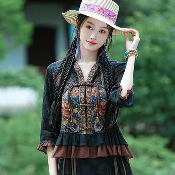 Cheongsam נשים בתוספת גודל העליון מעילים 2023 סתיו כותנה קפלים החדרת רקמה בסגנון סיני טאנג תחפושת חולצות אישה