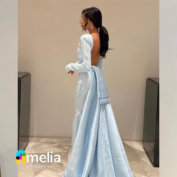 אמיליה כחול ללא משענת שמלת נשף שמלת ערב עם רצפת אורך שרוול ארוך קיץ נשים שמלת מסיבת החתונה 2023