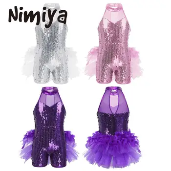 Nimiya ילדים בנות שרוולים צבע טהור מבריק פאייטים צוואר מזוייף ריקודים לטיניים שמלות עם נוצות ריקוד בלט בגד גוף תחפושות