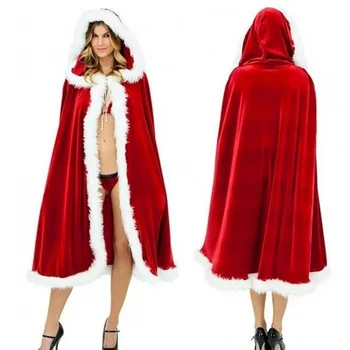 ליל כל הקדושים, חג המולד תלבושות למבוגרים, נשים סקסי עם ברדס הגלימה גברת סנטה קלאוס קטיפה פרווה בגדים אדומים