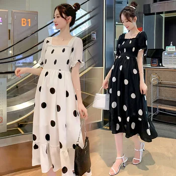 9398# 2021 קיץ אופנה קוריאנית לידה ארוכה שמלה אלגנטית קו בגדים לנשים בהריון מתוקה מנוקדת הריון
