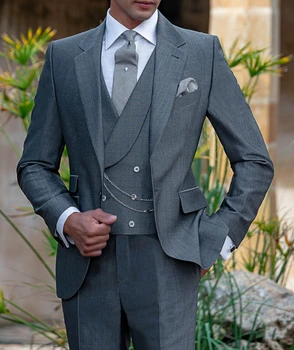 אפור פשתן חליפות אלגנטיות לגברים דש Slim Fit החתן לובש טוקסידו לחתונה 3 חלקים ג ' קט+מכנסיים+אפוד Conjuntos De Chaqueta