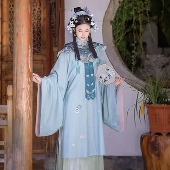 כחול רקום העליון המעודן פרחונית חצאית של פיות העתיקה של שושלת מינג להגדיר אישה סינית מסורתית ריקוד תלבושות Hanfu השמלה