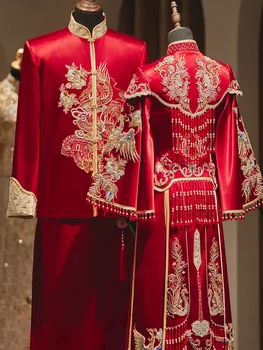 כלה חתונה שמלת הנישואין להגדיר את הסגנון הסיני כמה דרקון פיניקס פייטים חרוזים רקמה ציציות צ ' יפאו טוסט בגדים