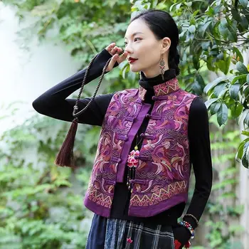 הסגנון הסיני קצר אפוד נשים ללא שרוולים פרחים רקמה מעיל מסורתי בסגנון אתני משובח טאנג חליפה לעבות האפוד