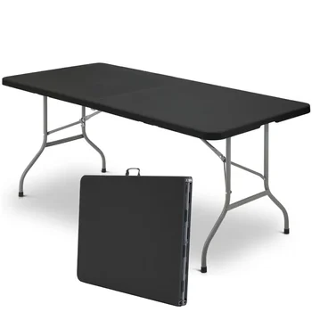 Vebreda 6 ft פלסטיק שולחן מתקפל נייד מתקפל לחצי שולחן מקורה חיצונית, שחור