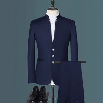 חדש חליפות גברים בסגנון סיני לעמוד צווארון שלושה כפתורים החתונה החתן 2 חתיכת קבוצה עסקים Slim Fit זכר בלייזר, מכנסיים 2023