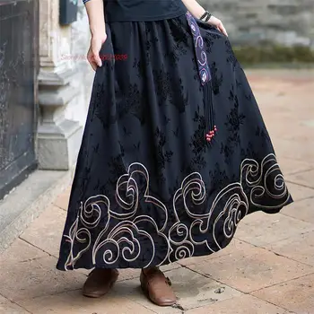 2023 סינית מסורתית וינטאג', חצאית הלאומי פרח רקום אקארד סאטן חצאית מזרחי אלסטי המותניים פולק קו החצאית