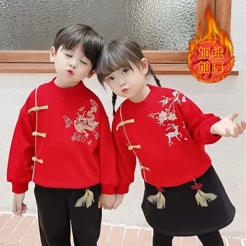 ילדים חורף השנה החדשה תלבושות כותנה לבנים עגול צווארון הדרקון רקמה טאנג חליפת בנות סינית מקסימה עבה מרופד