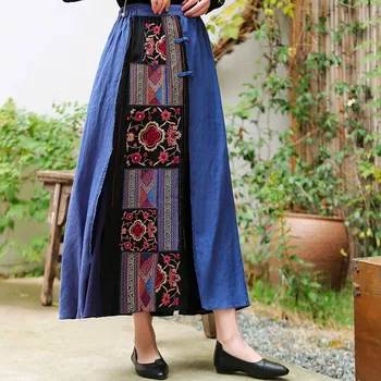 2022 סיני אתני בסגנון רטרו רקמה החדרת פשתן בינוני ארוך חצאית עם אלגנטי אופנה חצאית