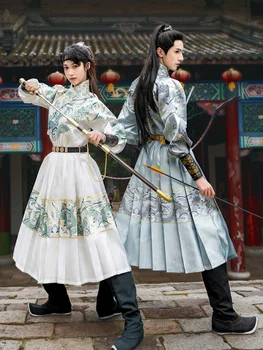 סינית עתיקה Hanfu תחפושת Mens העליון חצאית חגורה להגדיר סמוראי תחפושת החלוק Hanfu אומנויות לחימה הדרקון הדפסה דגים מעופפים חליפה