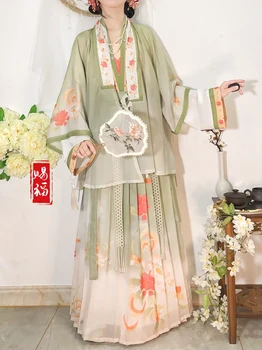 עבודת יד Hanfu סינית עתיקה השמלה של נשים קפלים חצאית עם פרחים חצי שרוולים לאביב קיץ