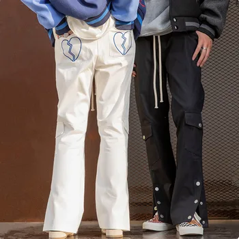 החדשים הלב רקמה היפ הופ גברים נור ג ' ינס מכנסיים לצד לחצן ישר שטחי כותנה רחבים שרוך המכנסיים Spodnie