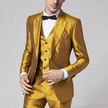 2023 הגעה חדשה זהב צהוב מתאים Slim Fit נשף מסיבה על הבמה תחפושות Ternos טקס חליפות גברים 3 חלקים