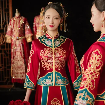מעולה רקמה פרחונית סיני שני שמלת חתונה אלגנטית מנדרין צווארון נישואין Cheongsam Свадебное платье
