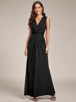 אלגנטי שמלות ערב V-צוואר בלי שרוולים שריטה עיצוב קפלים באורך רצפת אי די 2023 שיפון שחור שמלות שושבינה