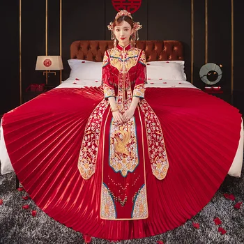 סיני סגנון שמלת נשף ביגוד מסוגנן, אלגנטי כלה וינטג 'פייטים חרוזים רקמה צ' יפאו הגומי для восточных