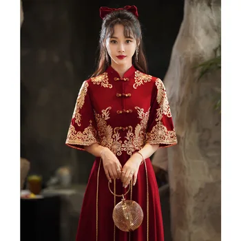 אלגנטי מסורתי אדום שמלת הכלה הסינית החתונה Cheongsam וינטאג אלגנטית טוסט בגדים מודרניים ערב המפלגה שמלת צ ' יפאו