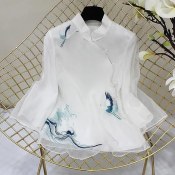 סגנון אתני טאנג חליפה חולצה בציר Harajuku קריין רקמה סיני מקסימום נשים 2023 Eleganti רופף לבן כחול Hanfu החולצה