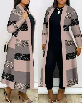 קרדיגן נשים אופנה 2022 סתיו Colorblock פסים הדפסה פתח חזית Longline מעיל מזדמן אלגנטי גדולים הג ' קט
