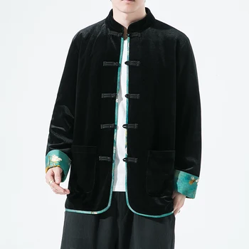 גברים של סתיו בתוספת גודל קטיפה מעיל בסגנון סיני מסורתי רטרו טאנג חליפה Mens ז 'קט טלאים צבע ניגודיות Hanfu הז' קט העליון