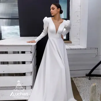 Auchan ליסה לבן V-צוואר נשף שמלת ערב באורך רצפת שרוול ארוך קיץ אלגנטי מסיבת חתונה שמלות לנשים 2023