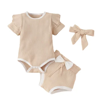 תינוק תינוקת בגדים סטים קיץ חדש מקרית מוצק קשת רומפר + מכנסי חליפה לתינוקות כותנה שרוול קצר בגדי ילדים