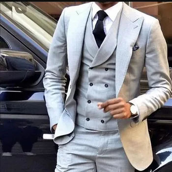 אפור בהיר גברים חליפת חתונה Slim Fit 3 חתיכות החתן טוקסידו השושבין בהזמנה אישית אנשי עסקים בגדים