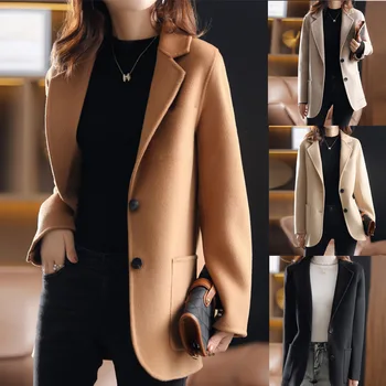 מעיל לנשים 2023 אופנה סולדי צבע עבה צמר נשים מעיל ארוך שרוול סלים צמר מעיל