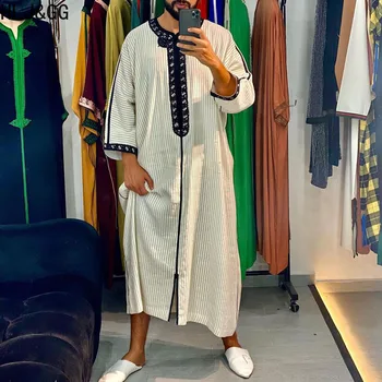 HLJ&GG מוסלמי מסורתי גלימות עיד במזרח התיכון Jubba Thobe גברים מזדמנים שמלה ארוכה ערבית פסים החלוק האסלאמית בגדים 2023 חדש
