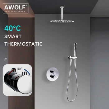 Awolf אמבטיה Chrome Thermostatic מיקסר עגול עיצוב מקלחת ברז מערכת פליז מוצק קיר רכוב אמבטיה שחור מיקסר להגדיר AH3061