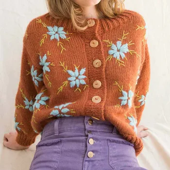 תפוז פרחוני מתוק סוודר בחורף חמוד אפודות נשים בוהו סגנון שרוול ארוך רקמה, כפתורים לסרוג סוודר לנשים 2022