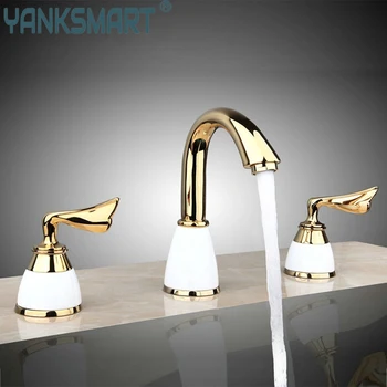 YANKSMART 3 יח ' זהב לבן אמבטיה מקלחת ברז סט כפול ידיות שליטה הסיפון רכוב מפל אגן ברז מיקסר ברז מים