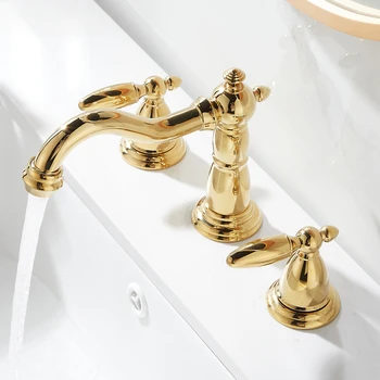 זהב פליז כיור עם חם, קר ברזים, בסגנון נורדי אמבטיה כיור עם שלוש חור לברז, נחלק אגן