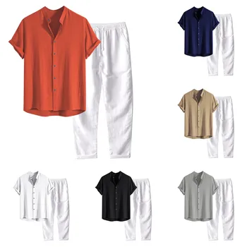 Harajuku חולצות מכנסיים ערכות לגברים קיץ מזדמן חולצות טי מוצק צבע שרוול קצר לעמוד צווארון אופנת רחוב חולצה חולצות מכנסיים