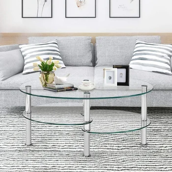 זכוכית מחוסמת קפה שולחן אליפסה 3-Tier פלדה תה שולחן הביתה הסלון המשרד