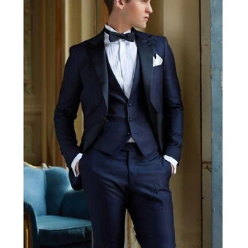 החייט עשה חיל הים כחול איטלקי חתונה חליפות לגבר Slim Fit החתן לובש חליפות 3 חלקים בלייזר סט (מעיל אפוד+מכנסיים+עניבה)
