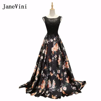 JaneVini שחור חרוזים תחרה פרחונית ארוכה שמלות שושבינה סאטן פרחים הדפסה מסיבת חתונה שמלות חלוק demoiselle honneur בתי