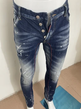 אביב/קיץ 2023 חדשים בסגנון ג 'ינס גברים לשטוף ללבוש חורים תיקון צבע תלת מימדי חתך קטן מטרים כחול ג' ינס גבר